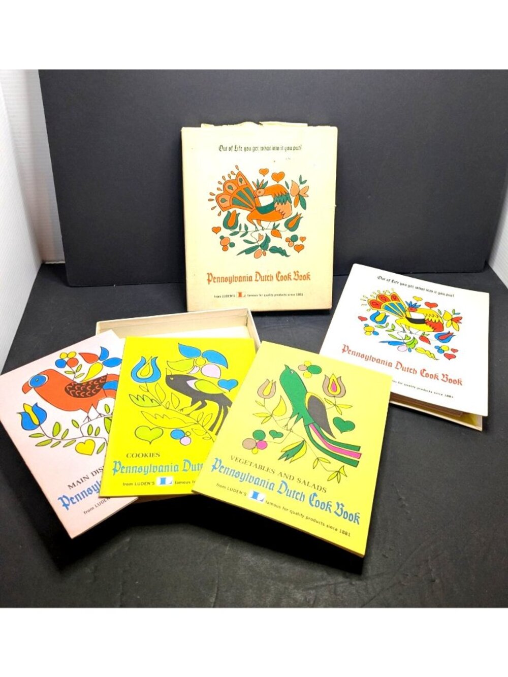 Vintage Pennsylvania Dutch Cook Book Set Folk Art Covers Ludens original box